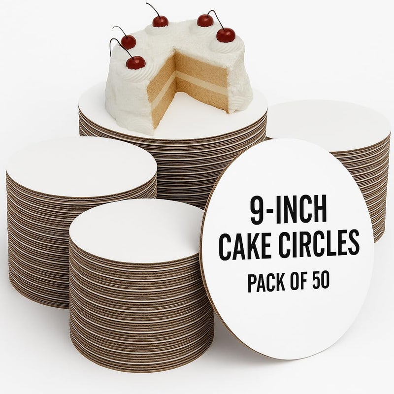 Pizety 9 Inch Cake Circles (Pack of 50) â€“ Round Corrugated Cardboard Cake Boards â€“ Greaseproof, Food Safe, Heavy Duty Disposable Bases for Baking, Pizza & Pies - Image 1